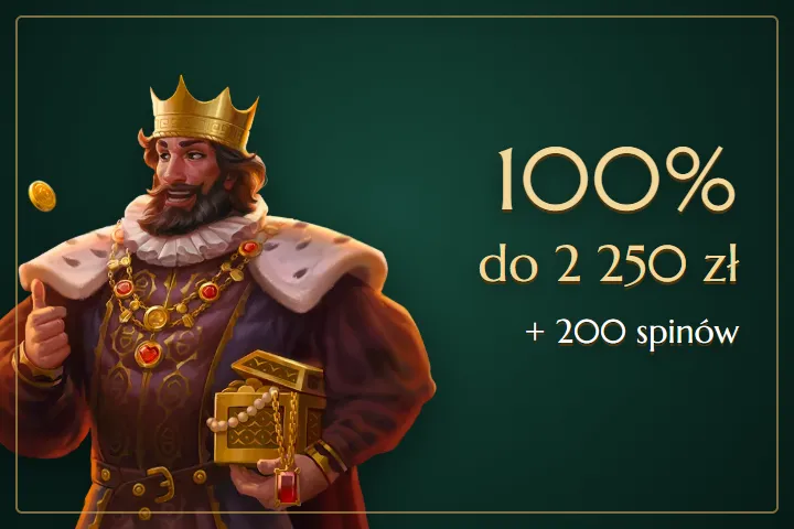 Casinia Casino: bonus 100% do 2 250 zł Casinia Casino bonus – król z banera Casinia ze skrzynią złota i napis 100% do 2 250 zł + 200 spinów